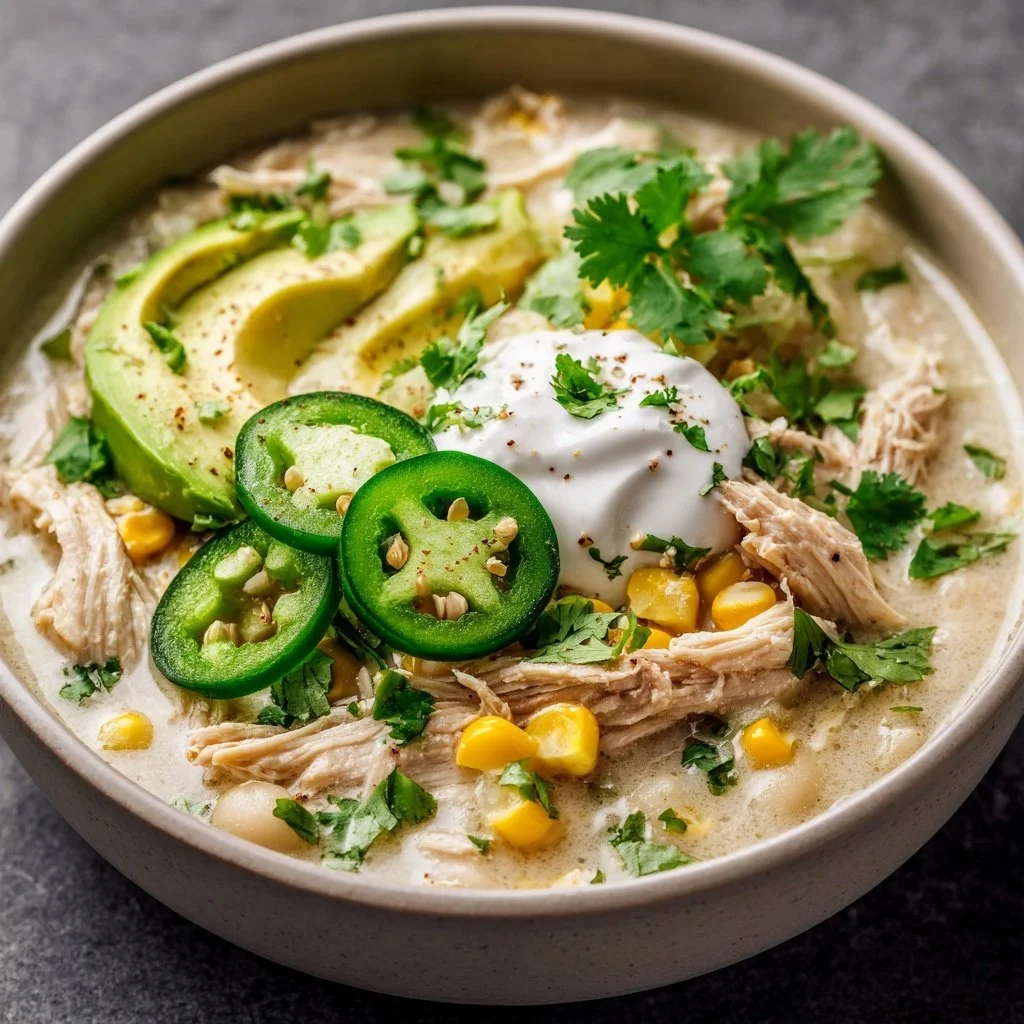 Bowl of creamy white chicken chili topped with cilantro and avocado slices