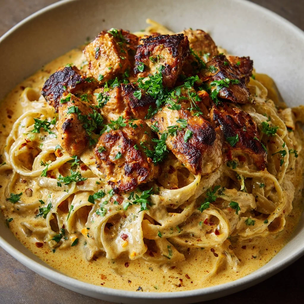 Delicious Cowboy Butter Chicken Linguine served in a bowl with herbs