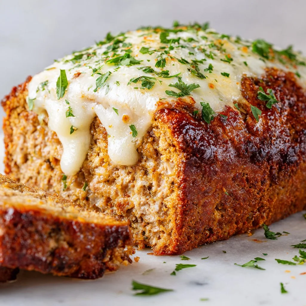 Delicious Italian-inspired chicken meatloaf served with fresh herbs and tomatoes.