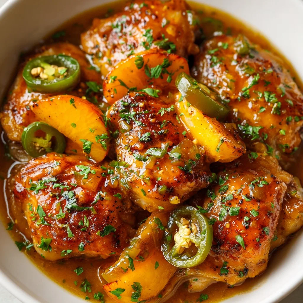 Delicious Jalapeno Peach Chicken served on a plate with fresh herbs