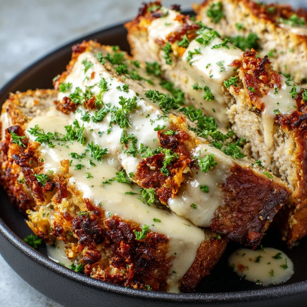 Juicy garlic parmesan chicken meatloaf served with herbs and side dishes