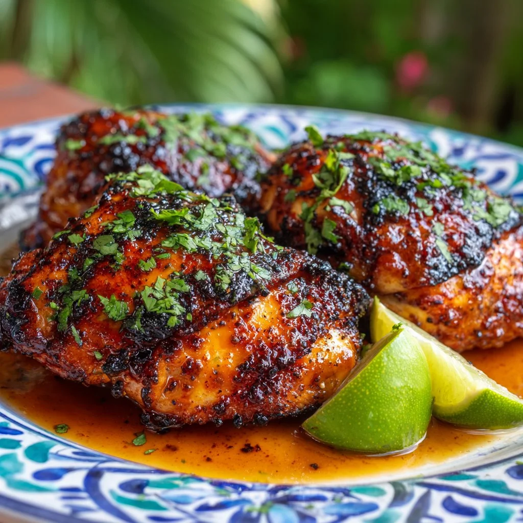 Juicy spicy grilled Cuban chicken served with fresh herbs and spices.