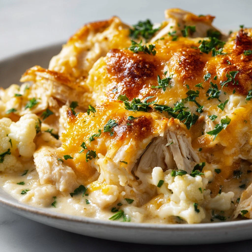 Light chicken and cauliflower casserole in a baking dish