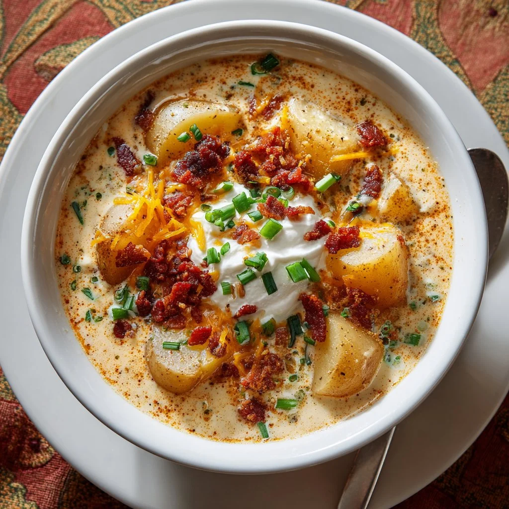 Bowl of loaded baked potato soup topped with cheese, bacon, and green onions