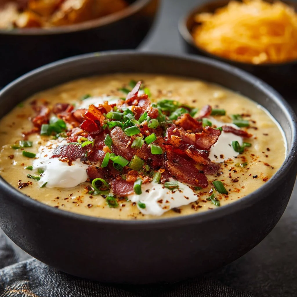 A bowl of creamy loaded baked potato soup topped with cheese and bacon.