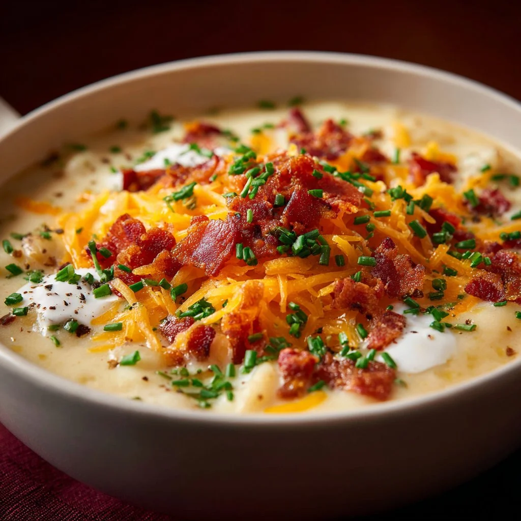Bowl of extra creamy loaded baked potato soup topped with cheese and green onions