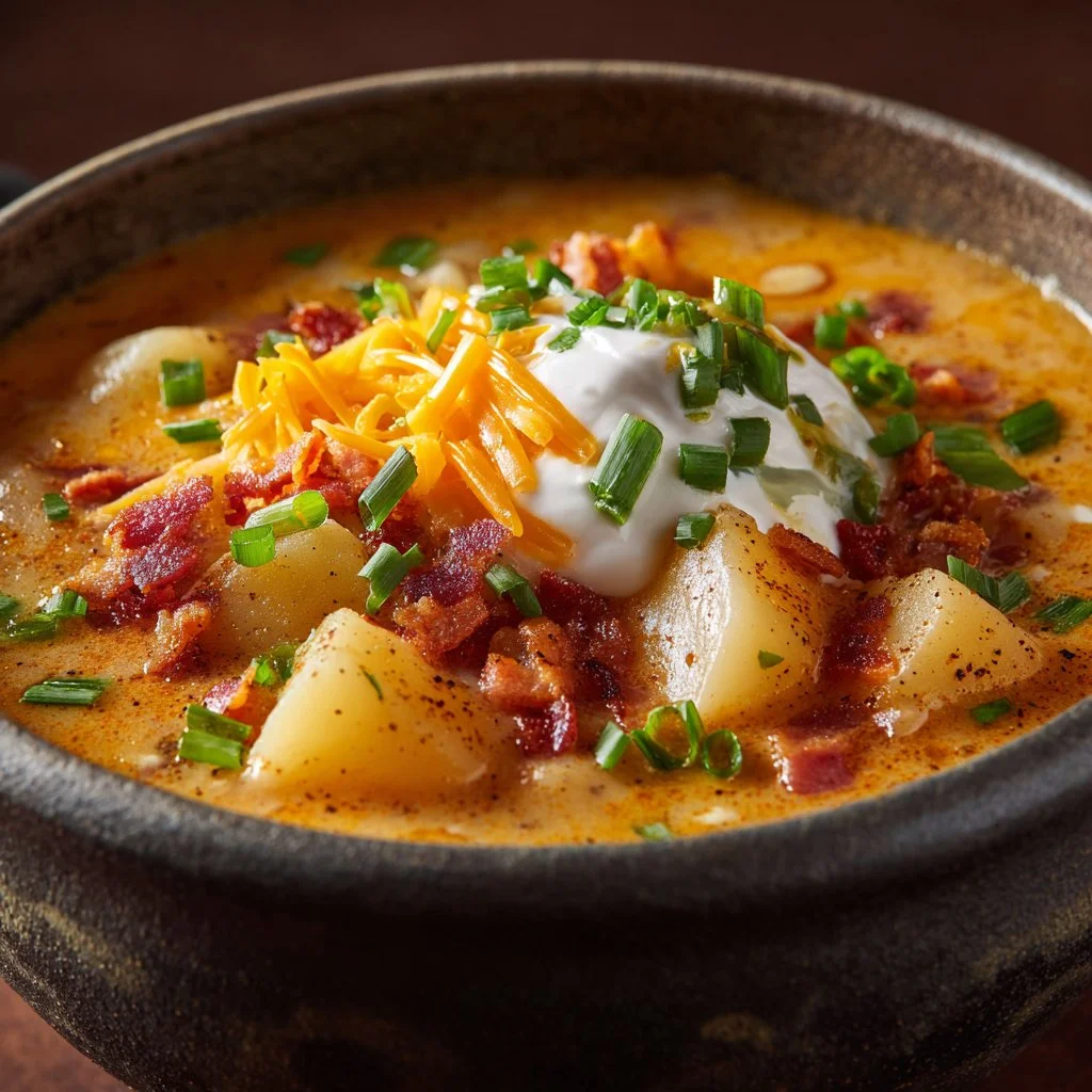 A delicious bowl of loaded baked potato soup garnished with bacon and chives