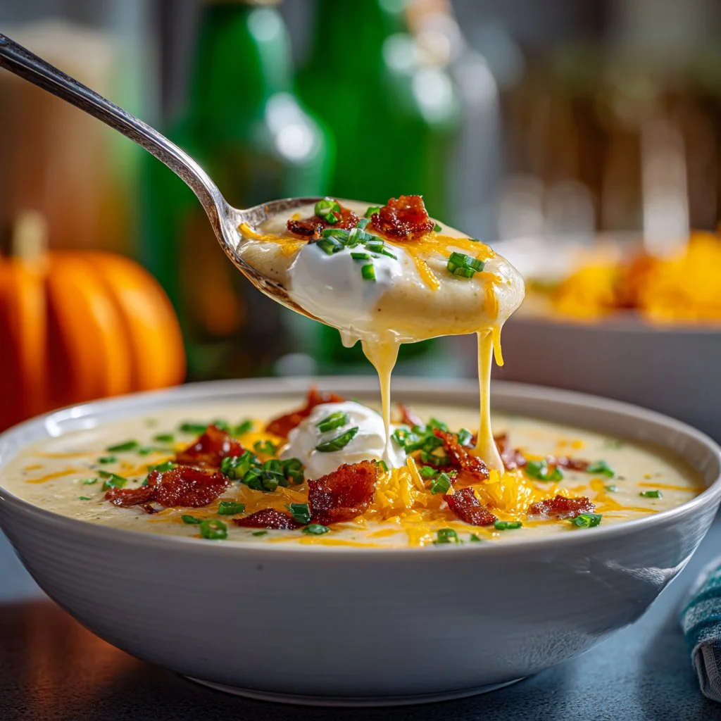 Delicious loaded baked potato soup garnished with cheese and chives.
