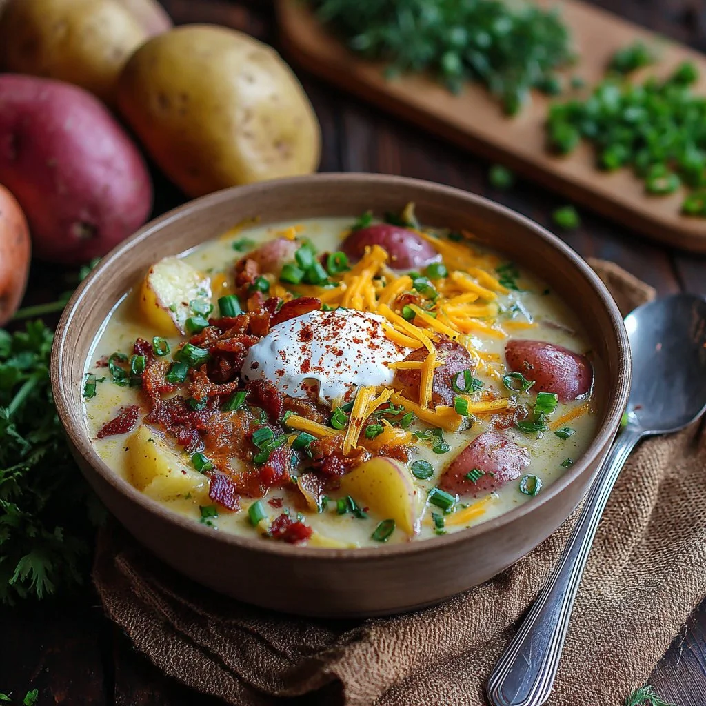 Bowl of loaded potato soup topped with cheese, bacon, and green onions