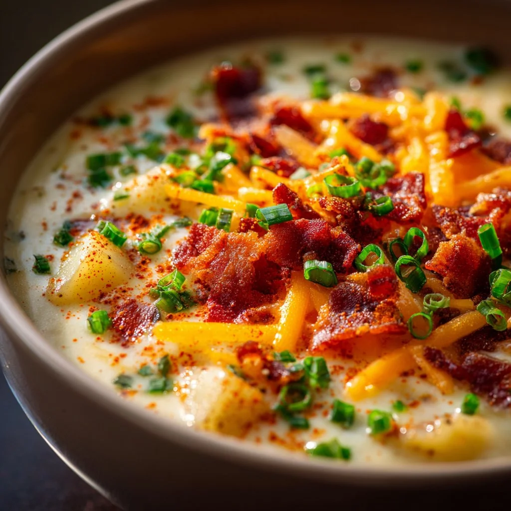 Creamy loaded potato soup topped with cheese, bacon, and green onions