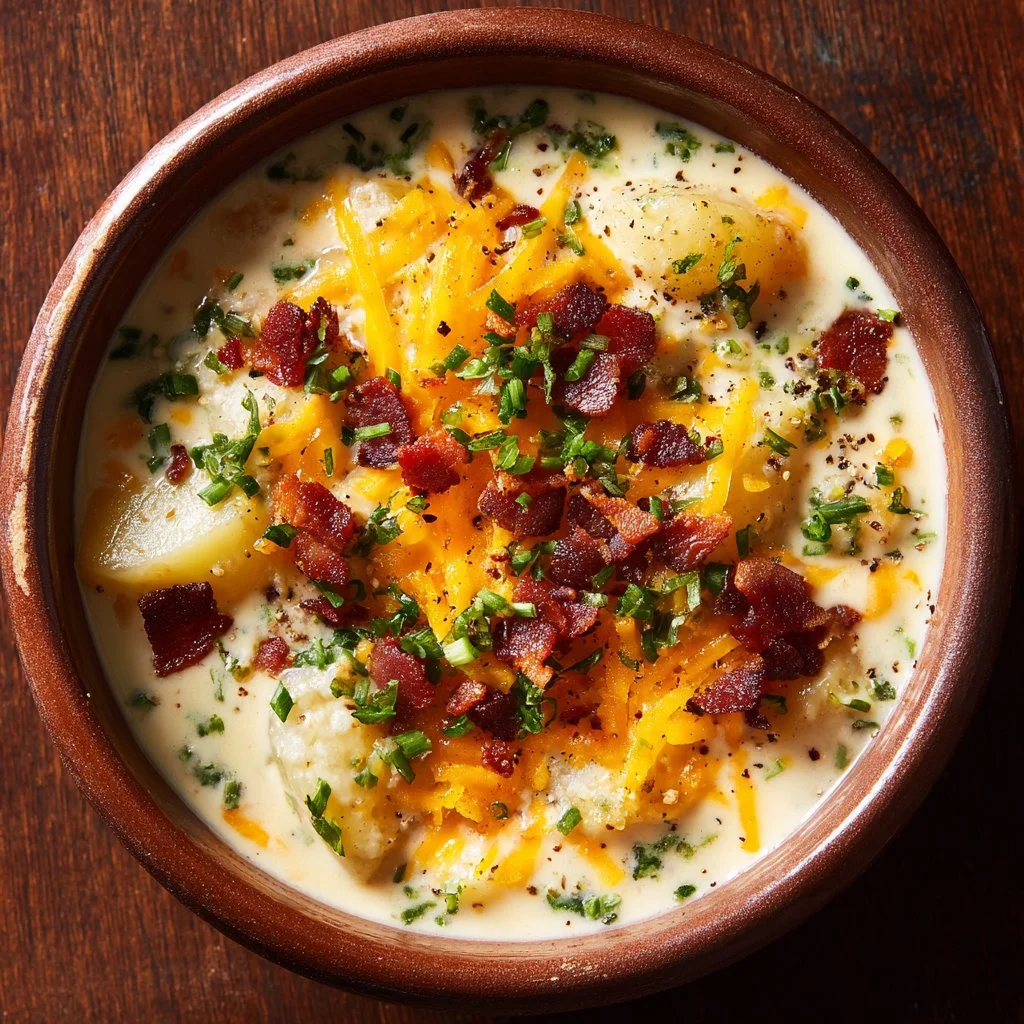 Bowl of loaded potato soup topped with cheese, bacon, and chives