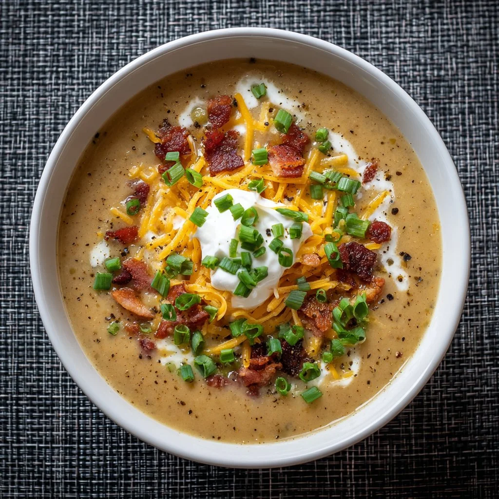 Bowl of loaded potato soup topped with cheese and green onions