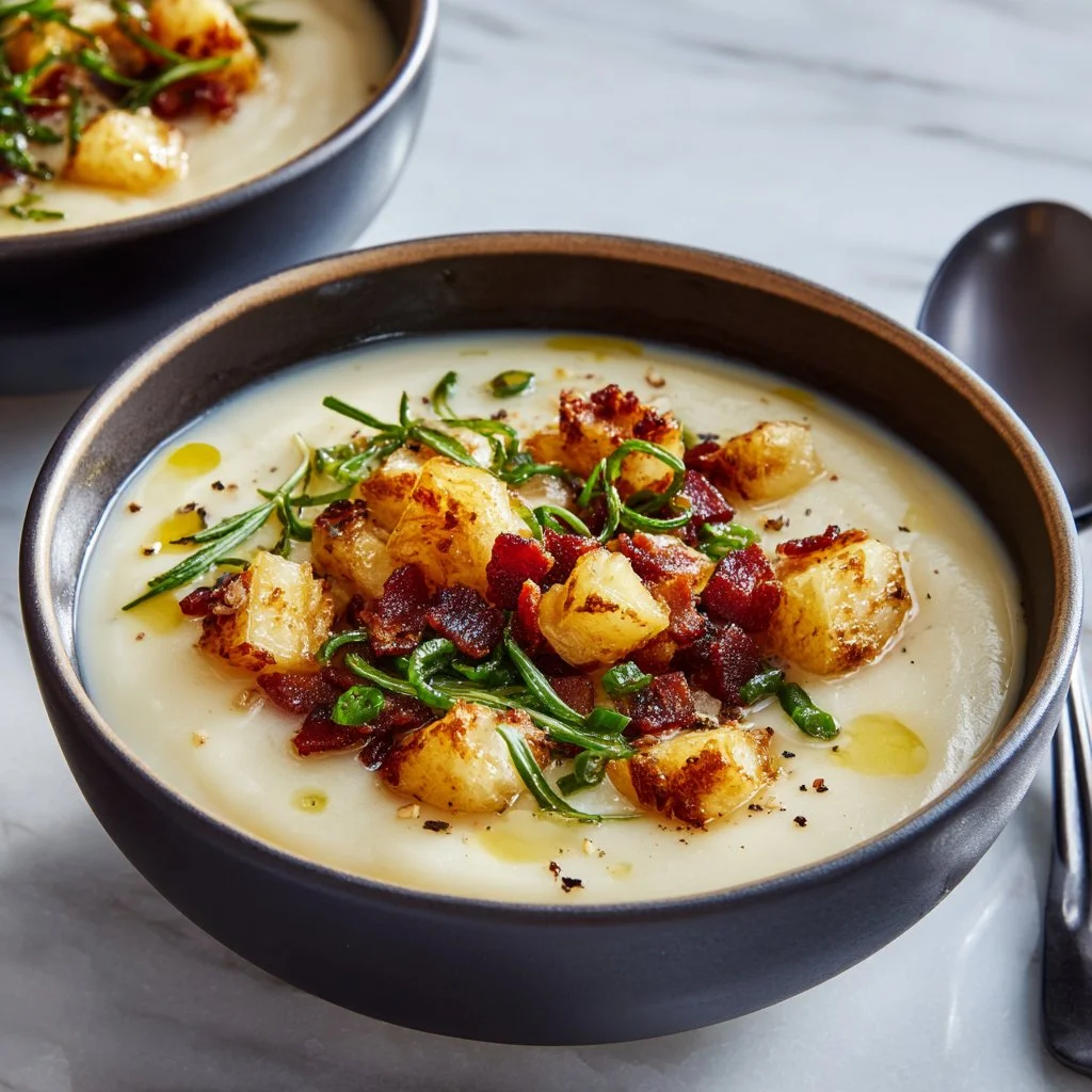Bowl of loaded potato soup topped with cheese, bacon, and green onions