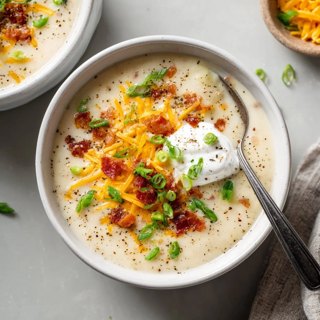Bowl of creamy loaded potato soup topped with cheese and bacon