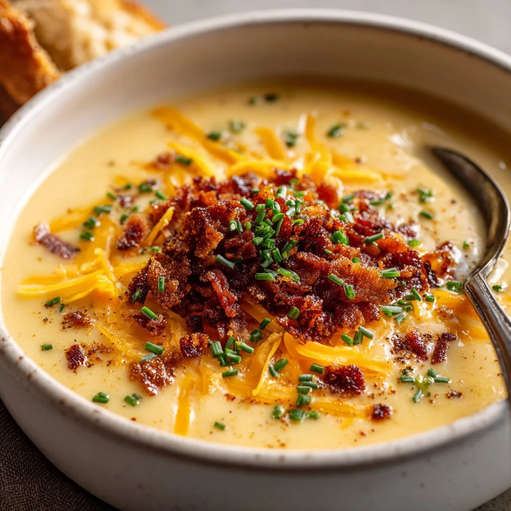Bowl of loaded potato soup with bacon, cheese, and green onions