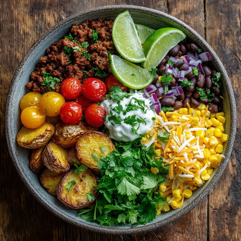 Loaded Potato Taco Bowl with fresh toppings and ingredients