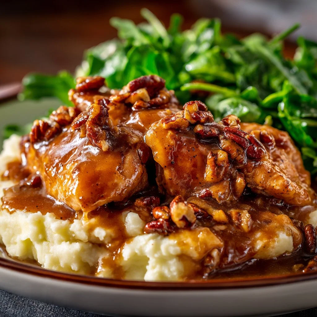 A plate of Maple Bourbon Pecan Chicken garnished with pecans and herbs