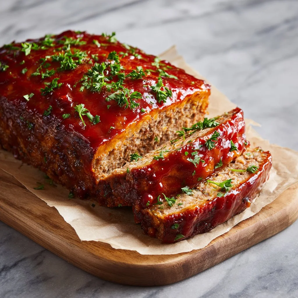 Homemade meatloaf served with mashed potatoes and green beans