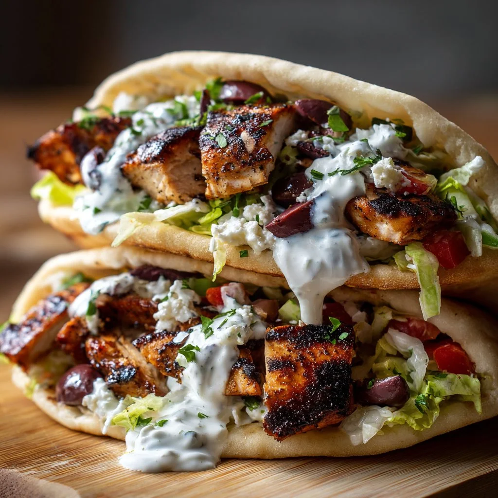 Mediterranean Chicken Gyros served with creamy feta tzatziki sauce
