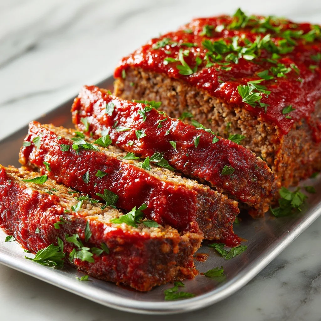 Moist and tender meatloaf served with mashed potatoes and green beans