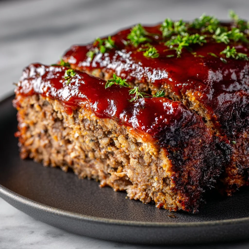Moist and tender meatloaf served with mashed potatoes and green beans