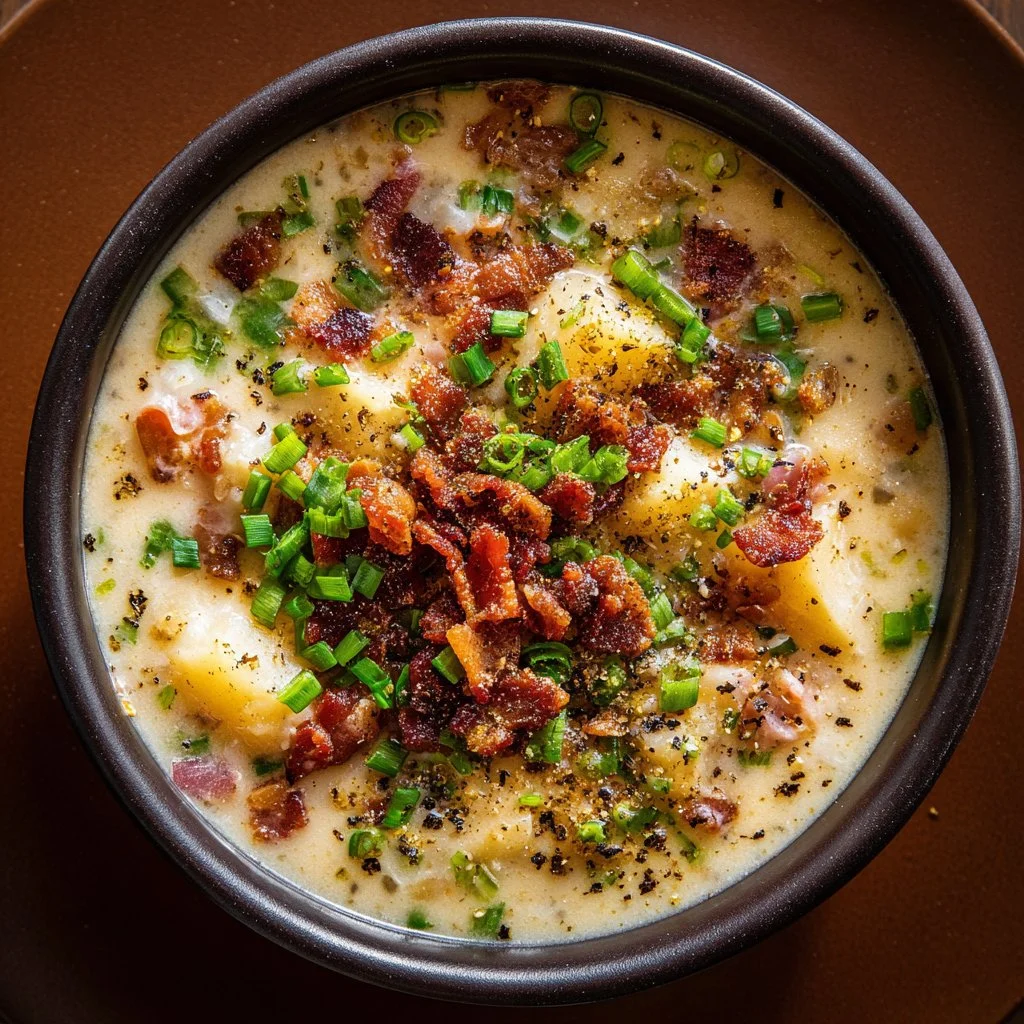 Bowl of cozy one-pot potato soup garnished with herbs.