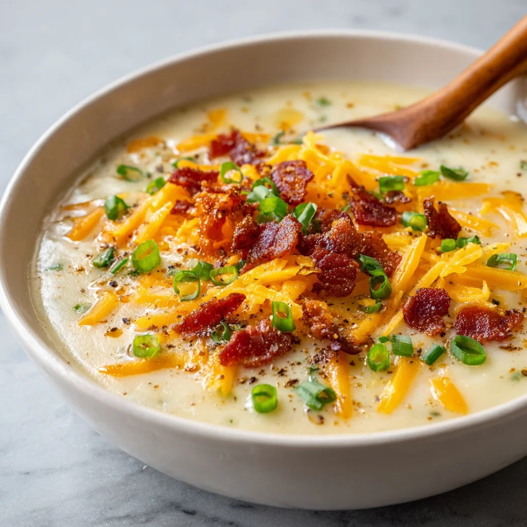 bowl of Outback Loaded Potato Soup topped with cheese and bacon