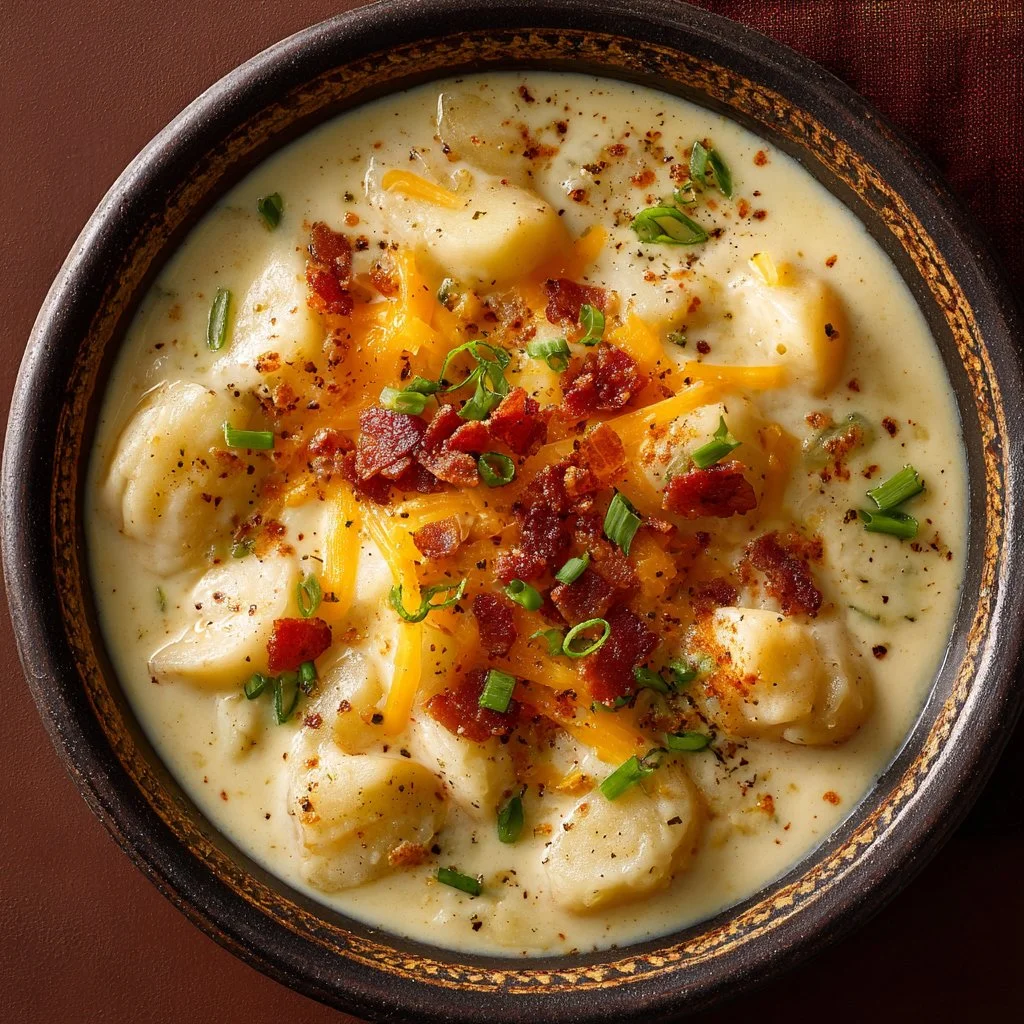 Creamy Outback Steakhouse-inspired baked potato soup topped with cheese and bacon