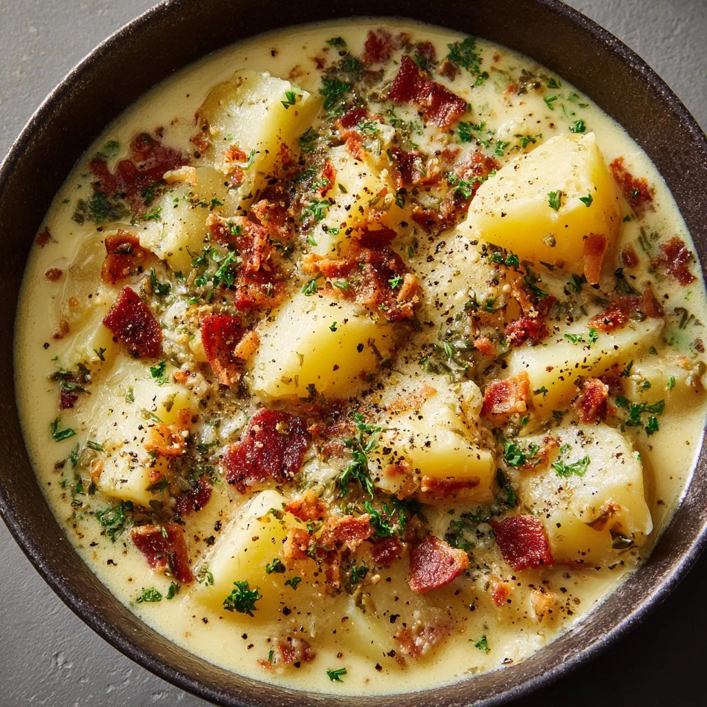 Bowl of Outback-style creamy potato soup garnished with herbs