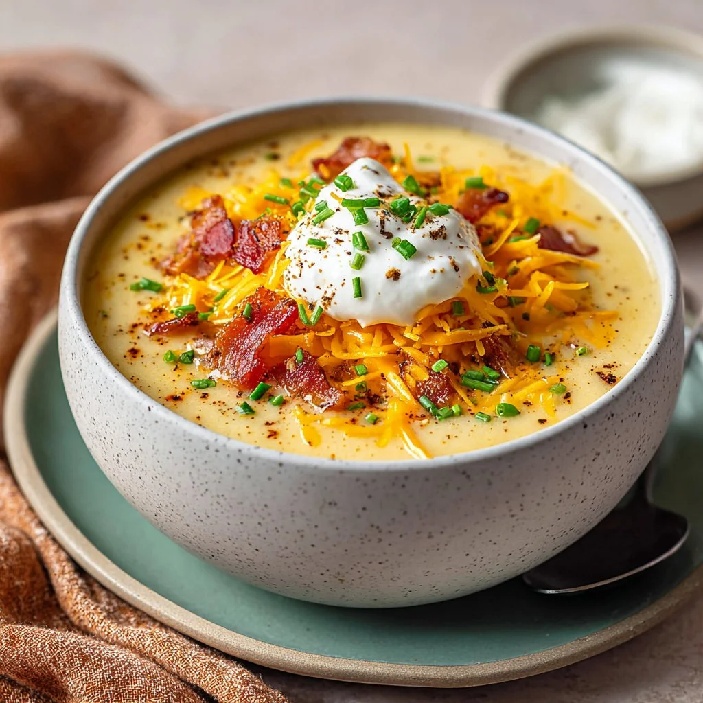 Bowl of oven-baked loaded potato soup topped with cheddar cheese and bacon