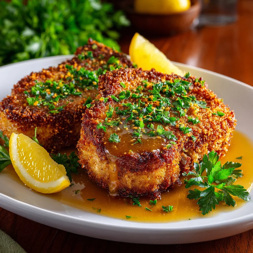 Parmesan crusted pork chops served on a plate with herbs and side dishes
