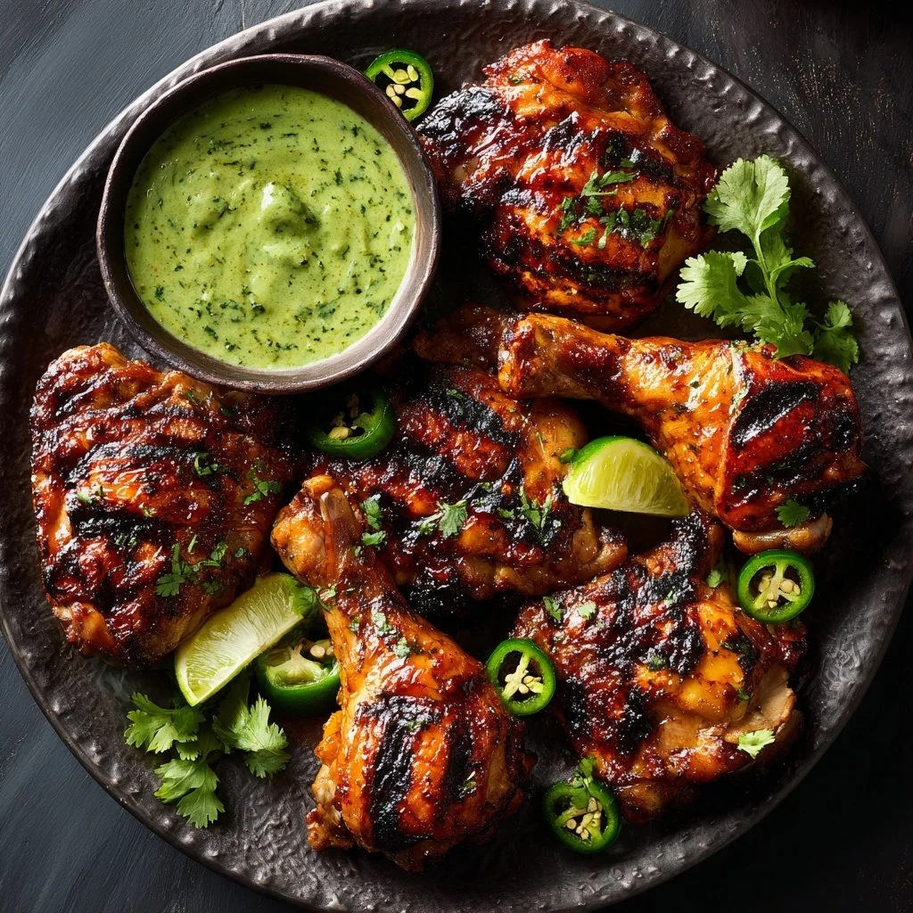 Delicious Peruvian Grilled Chicken served with a creamy green sauce