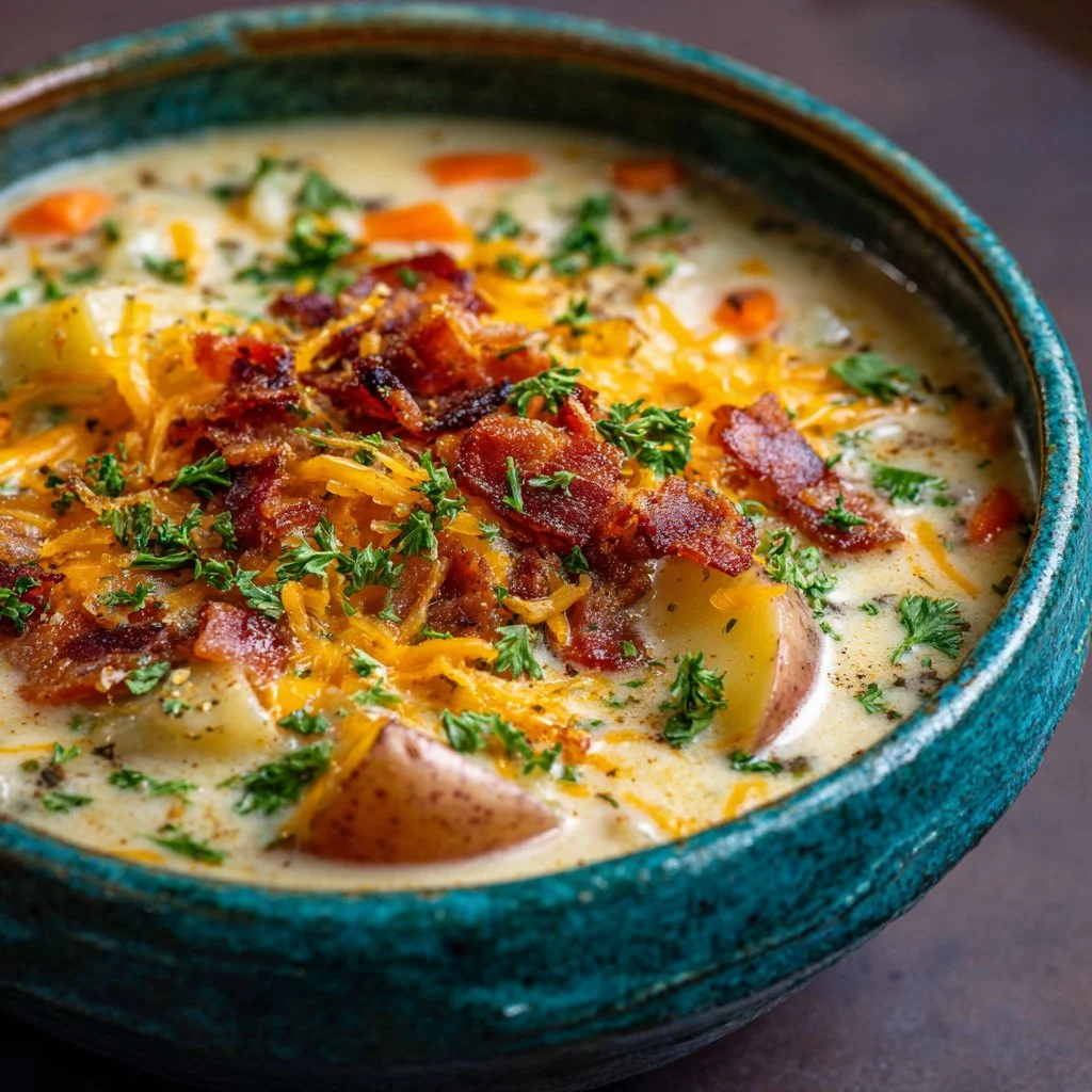 Delicious bowl of Pioneer Woman potato soup served with bread