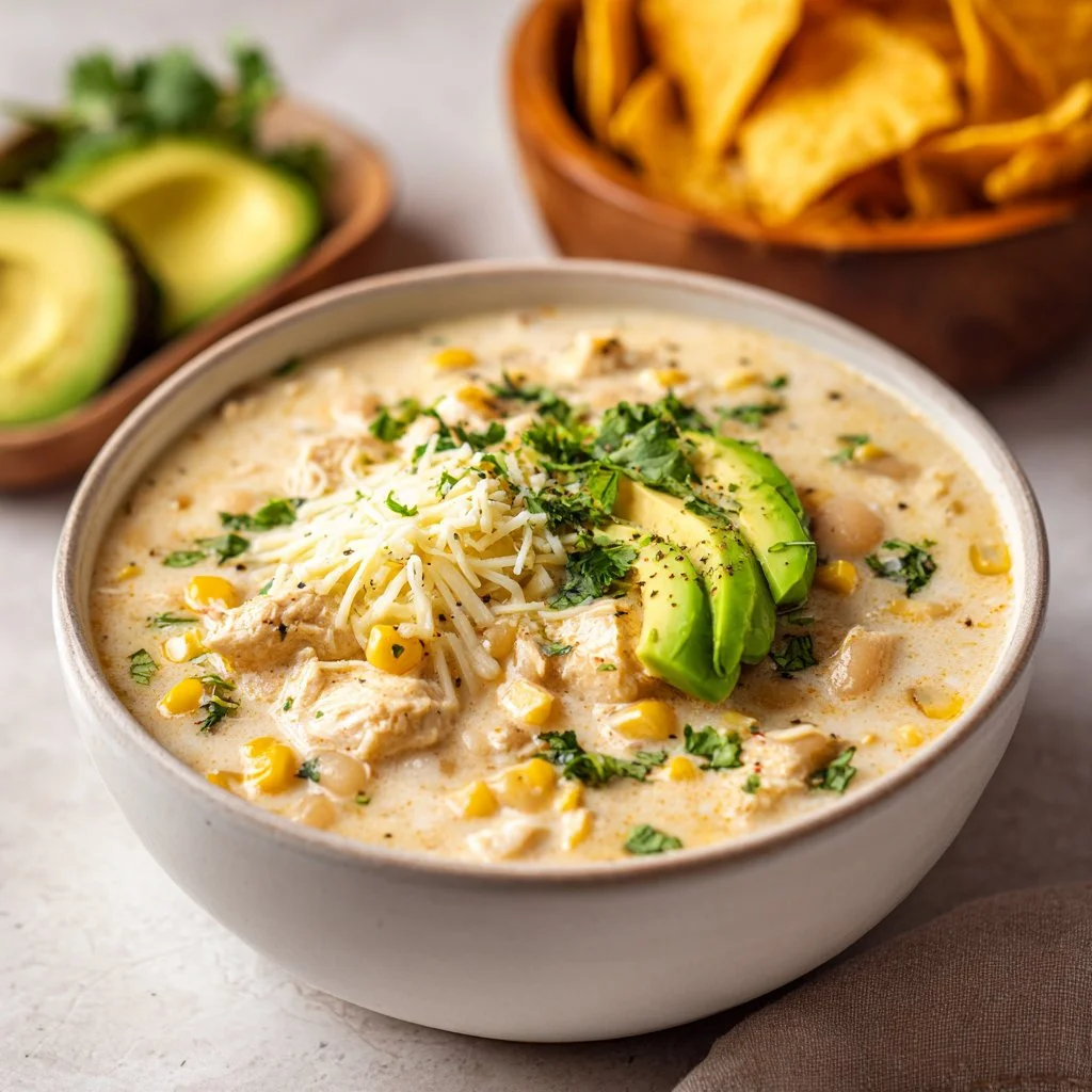 A bowl of Pioneer Woman white chicken chili garnished with fresh herbs.