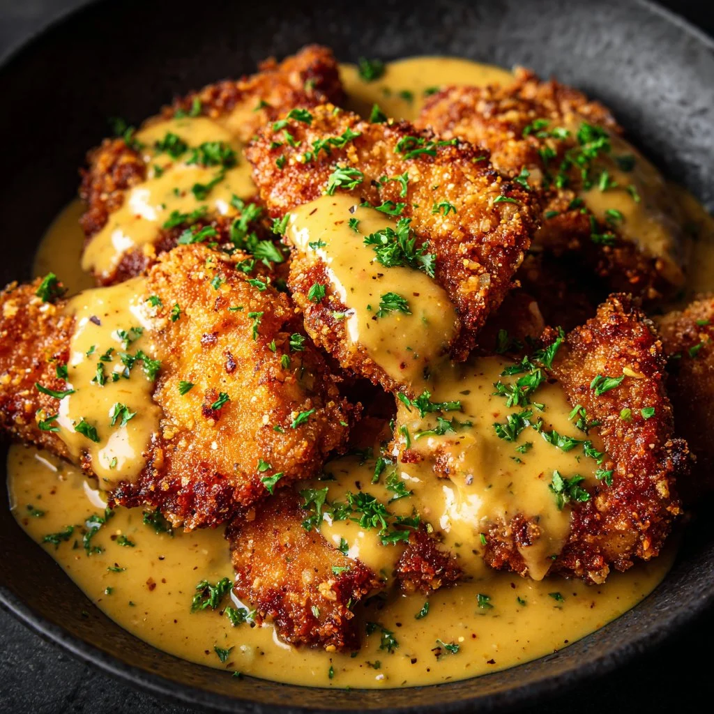 Delicious pretzel chicken plated with sides for a tempting dinner option