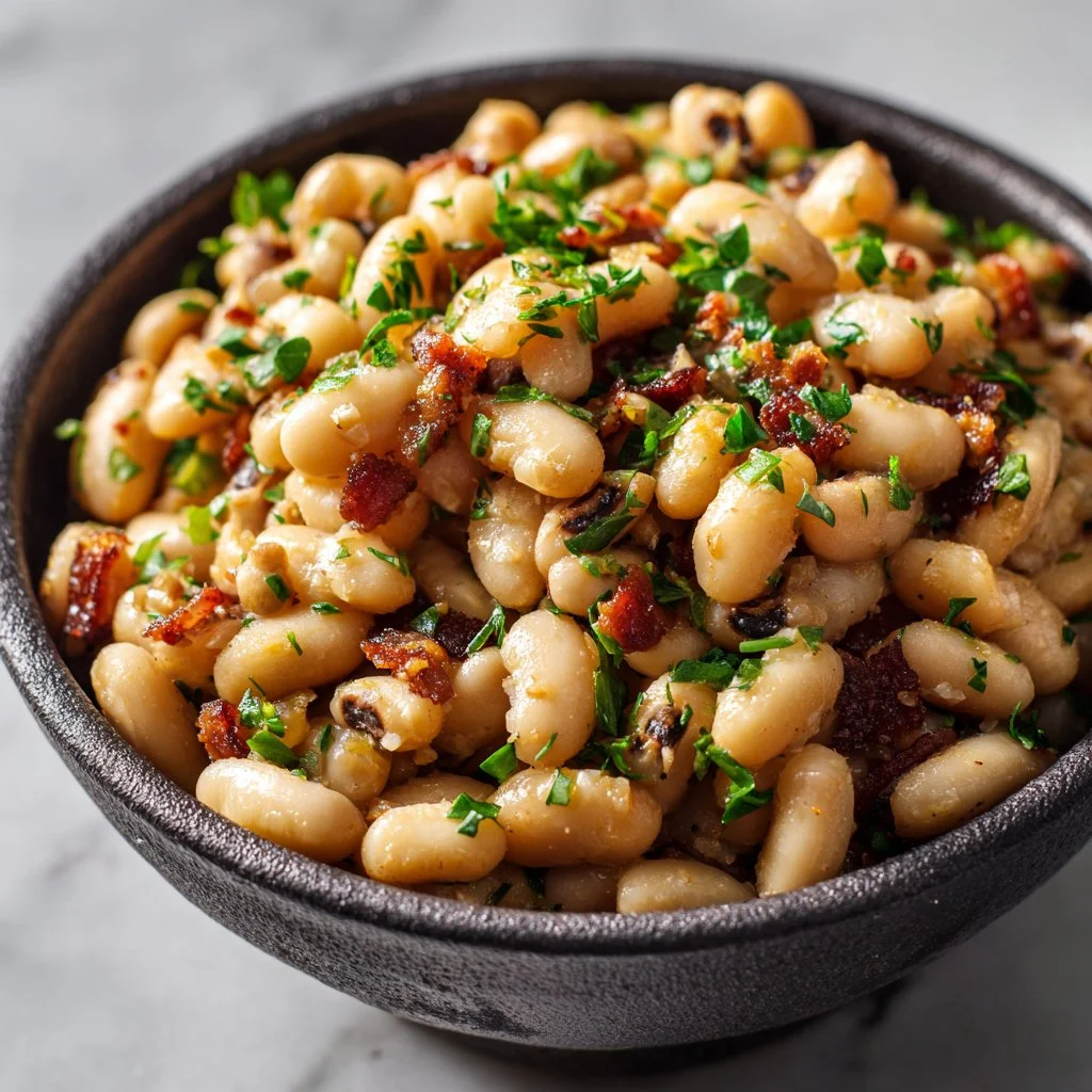 Delicious bowl of black-eyed peas cooked with spices and herbs.