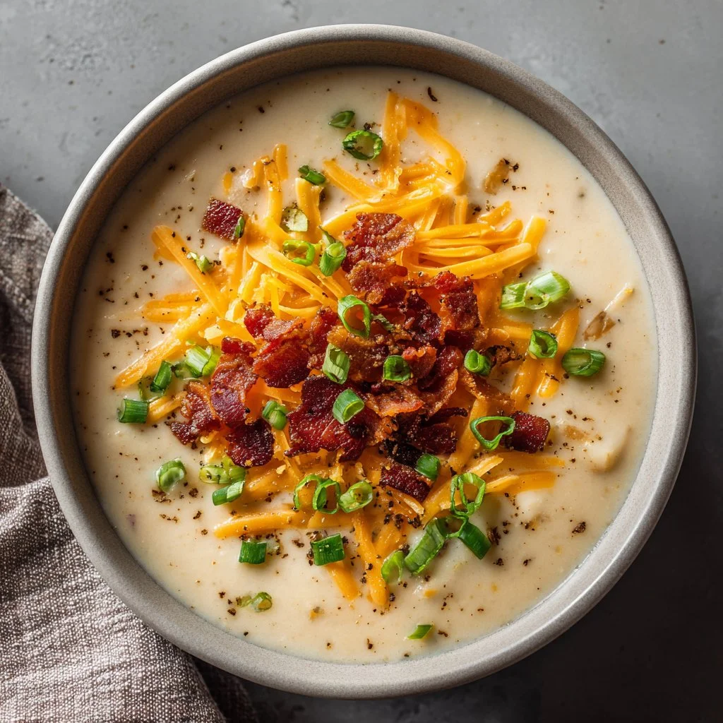 Delicious loaded baked potato soup garnished with bacon, cheese, and green onions