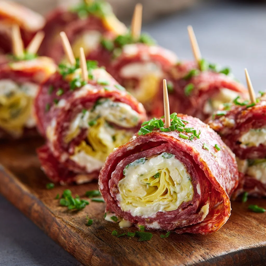 Savory salami pinwheels appetizer on a platter for any event