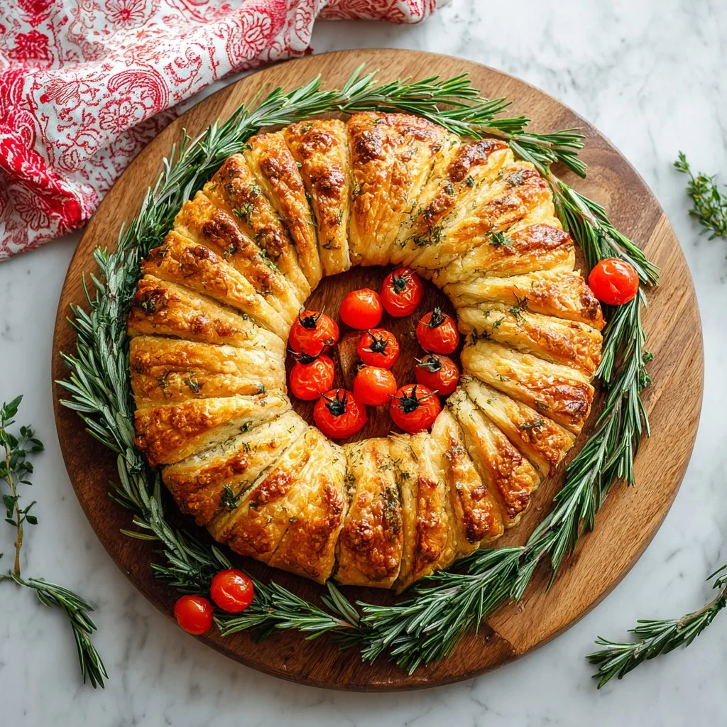 Savory Crescent Roll Wreath freshly baked and garnished for festive occasions