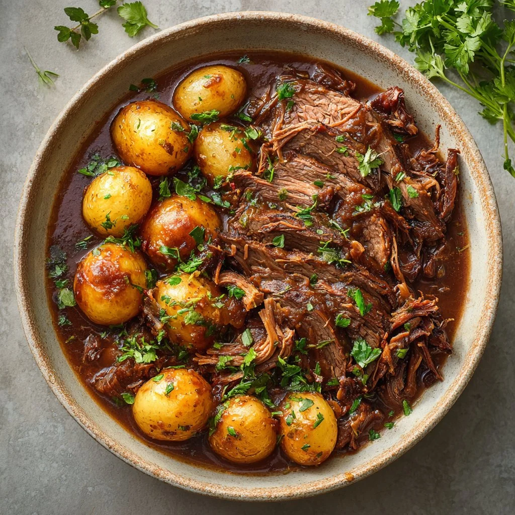 Delicious savory crock pot pot roast served with vegetables