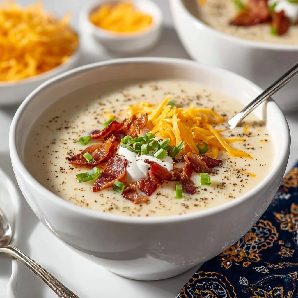 Bowl of savory loaded potato soup topped with crispy bacon and cheese