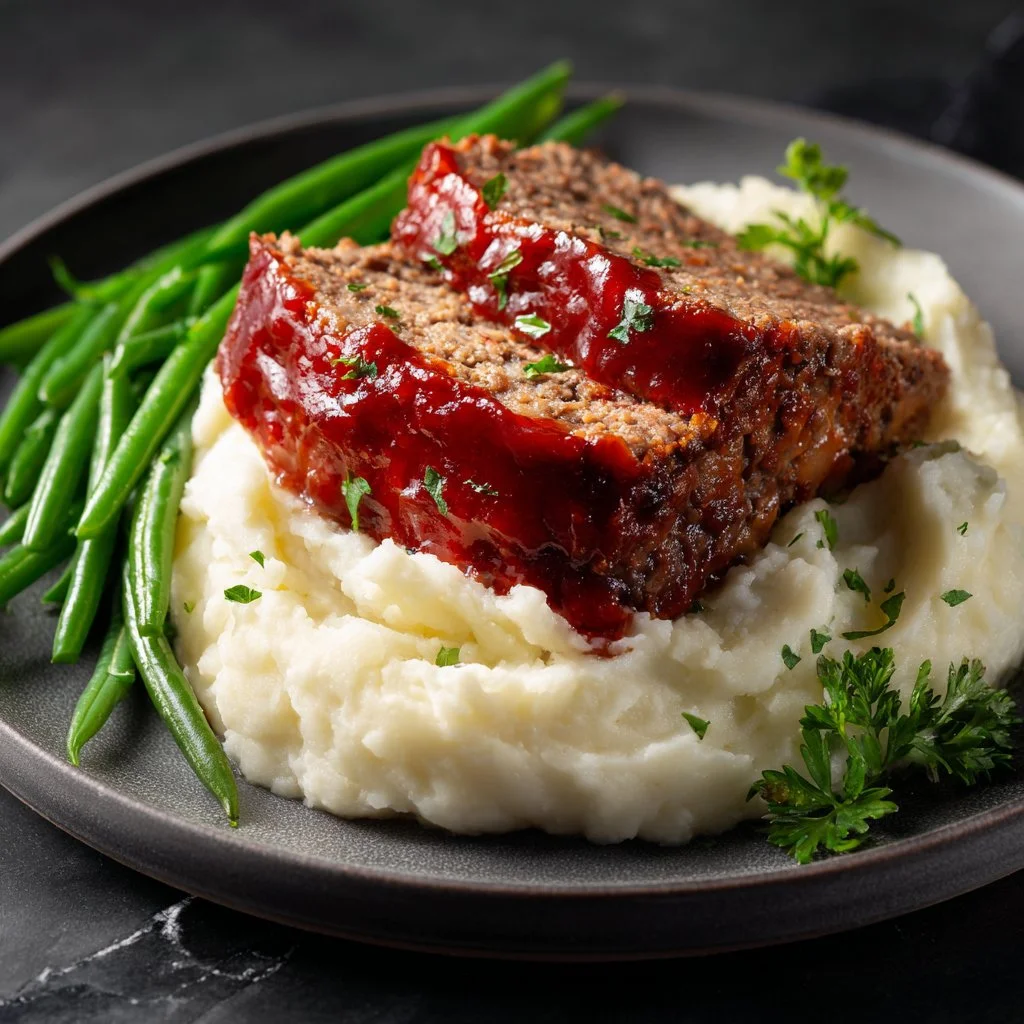 Savory meatloaf with a unique twist, served on a dinner plate