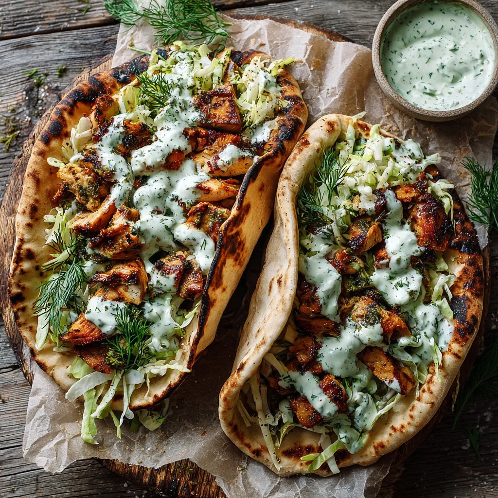 Sheet pan chicken pitas with herby ranch served on a plate