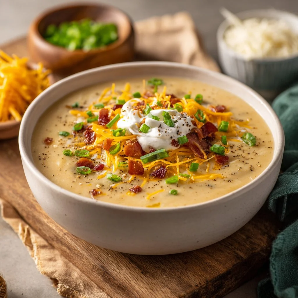 Bowl of simple gluten-free potato soup topped with herbs.
