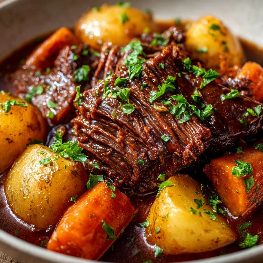 Slow cooker 5-star pot roast served with vegetables and rich gravy