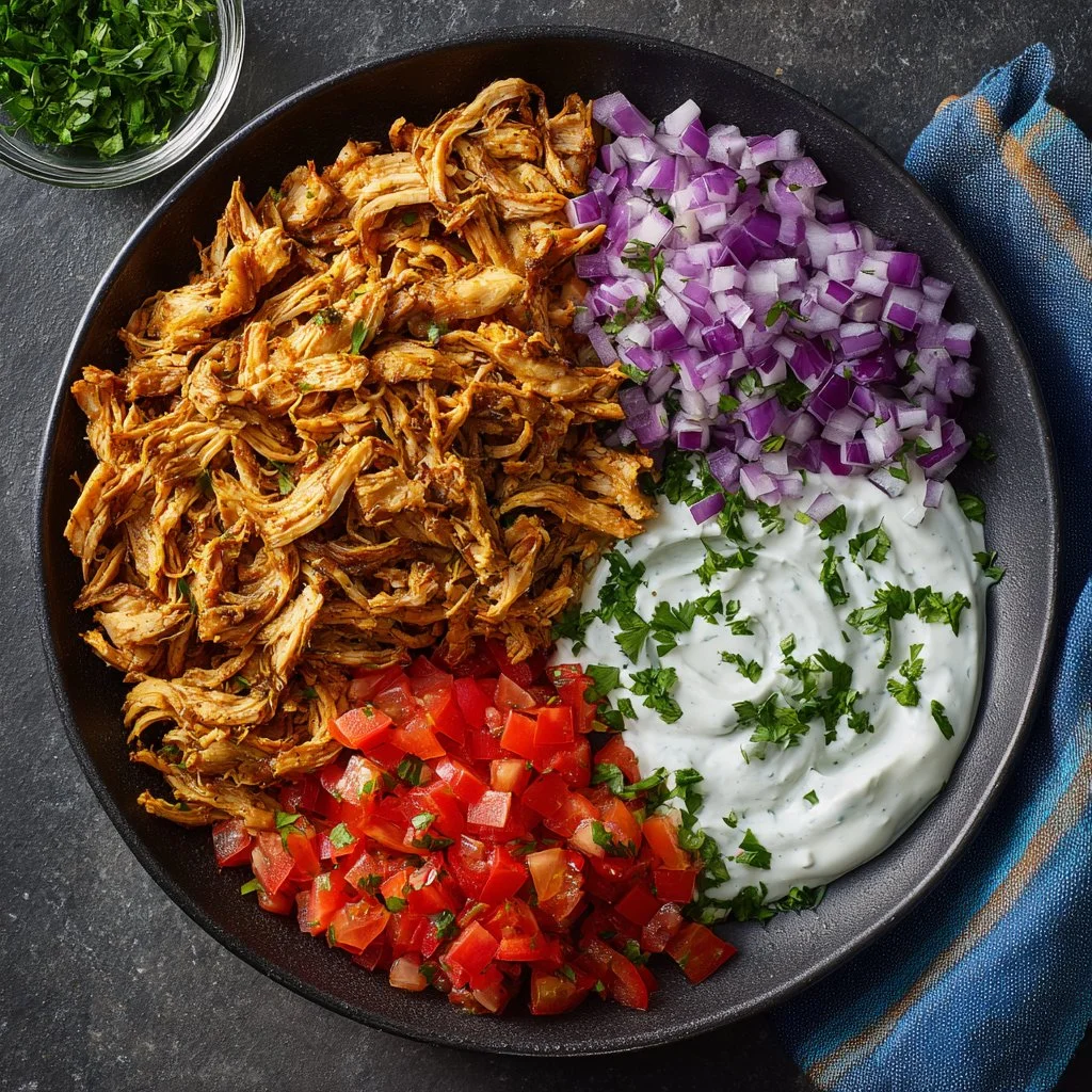 Deliciously cooked Chicken Shawarma in a slow cooker, garnished with fresh vegetables.