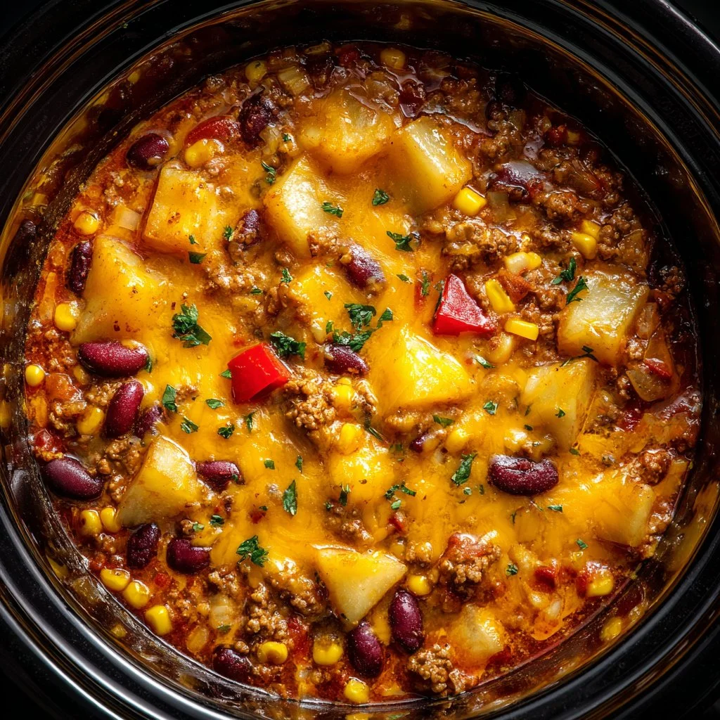 A delicious dish of Slow Cooker Cowboy Casserole topped with cheese and herbs.