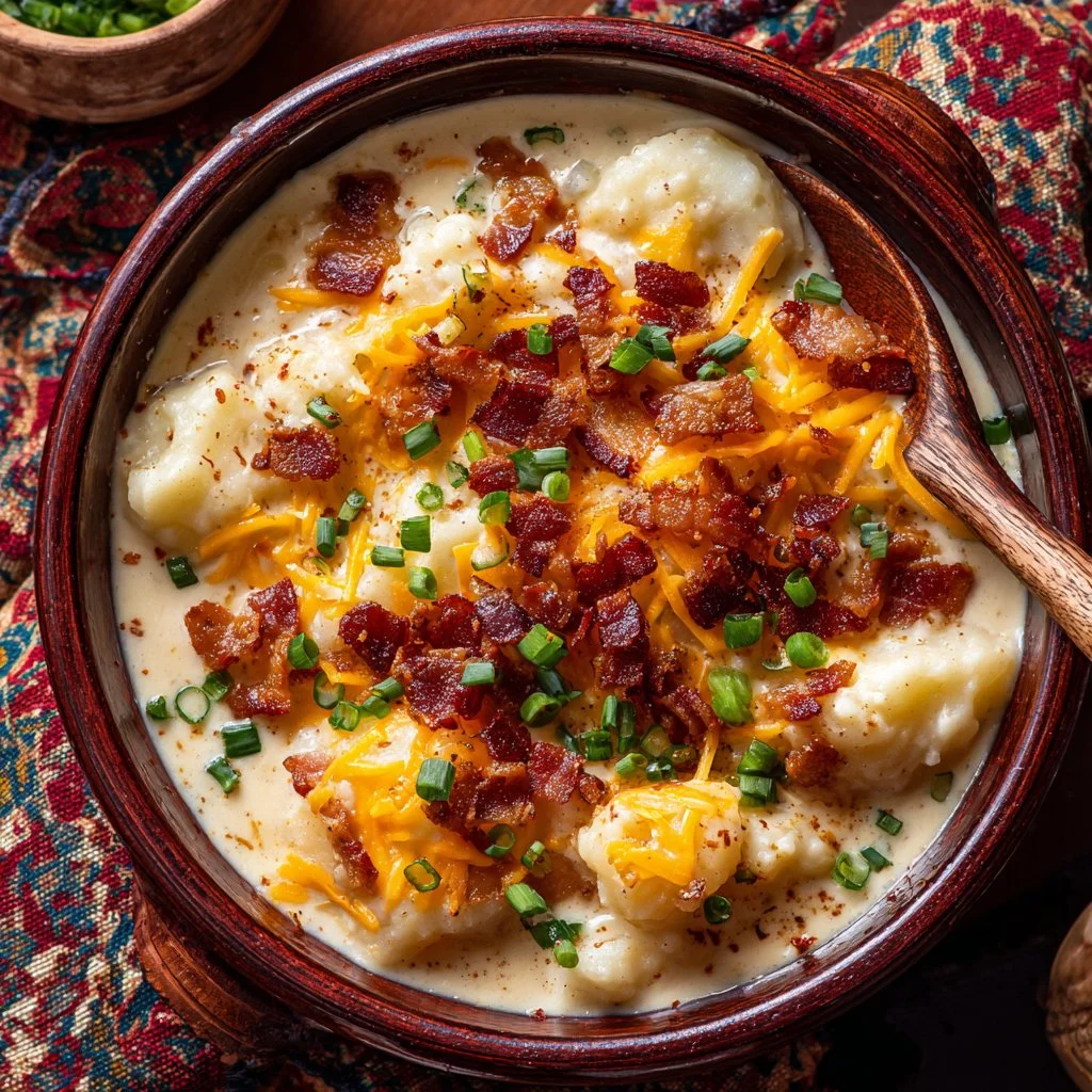 Bowl of Slow Cooker Crack Potato Soup topped with green onions and cheese