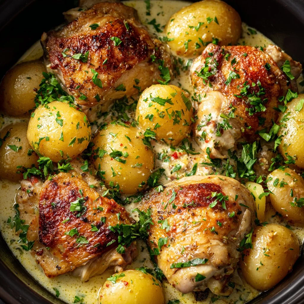 Delicious slow cooker creamy garlic parmesan chicken with potatoes and herbs