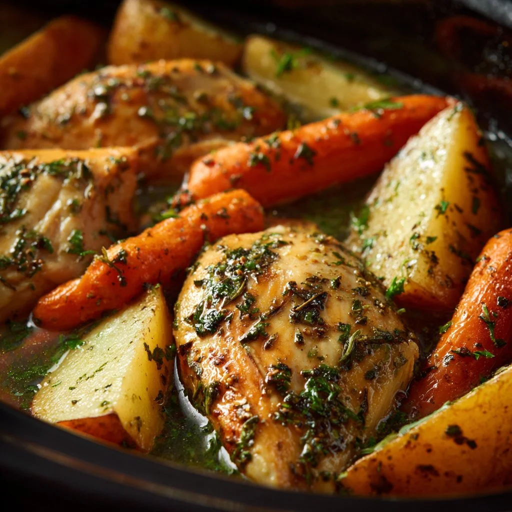 Slow cooker garlic butter chicken with assorted vegetables served in a bowl.